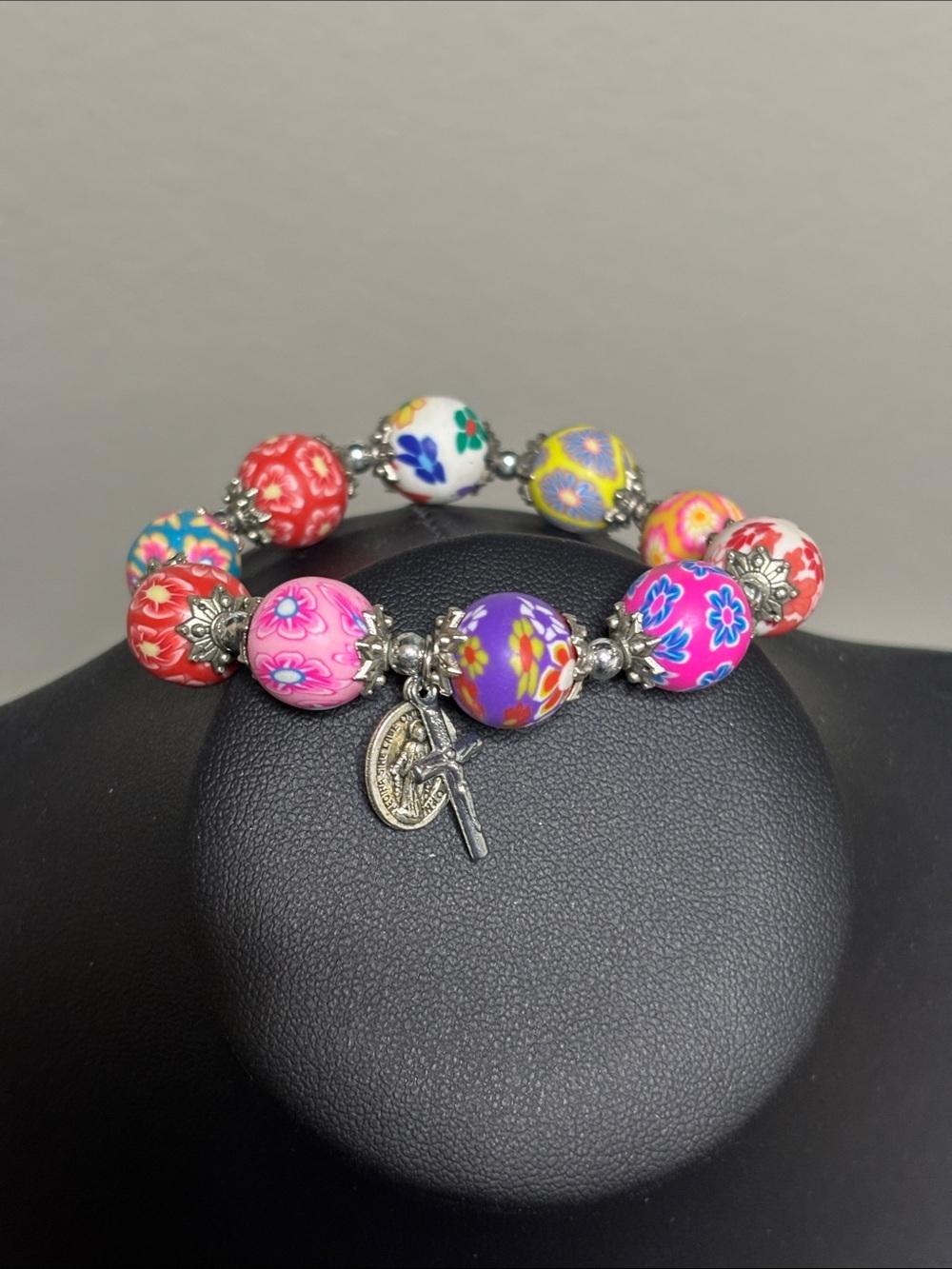 Clay Millefiori Colorful Beaded Cross Faith Stretch Bracelet Religious